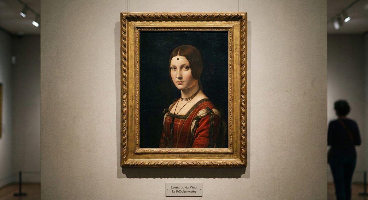 A close look at the painting revealing true La Belle Ferronniere facts.