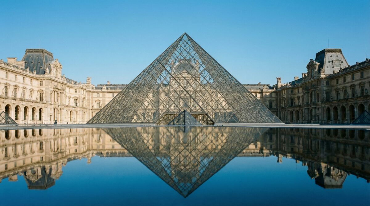 Close up of the Louvre Pyramid glass and steel support system