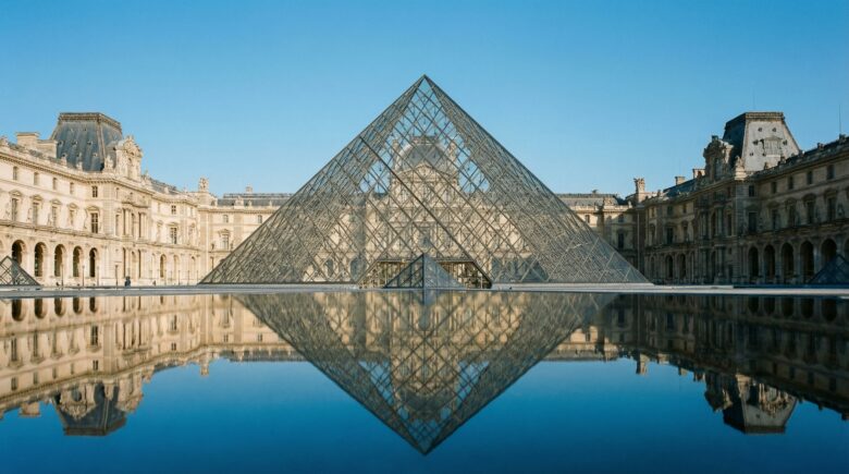 Close up of the Louvre Pyramid glass and steel support system