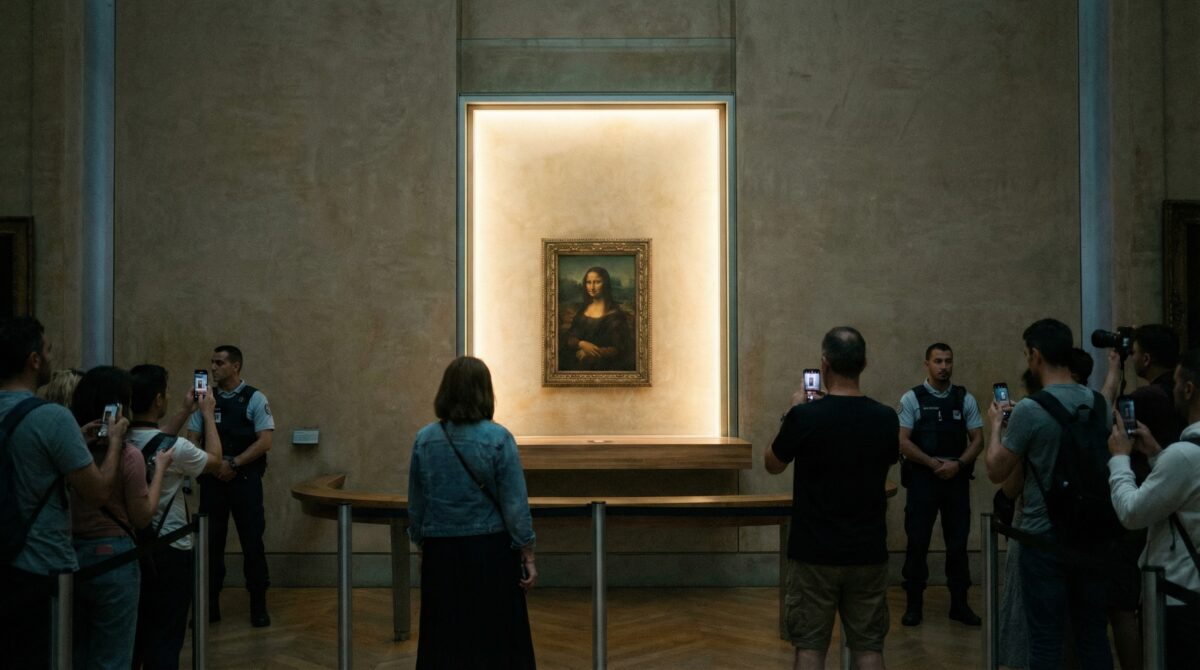 The Mona Lisa protected by glass in the Louvre Museum.