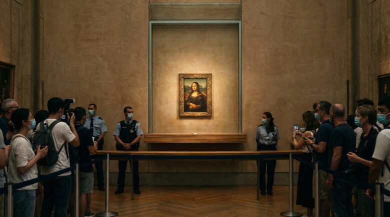 Professional Louvre Museum security monitoring a gallery of paintings.