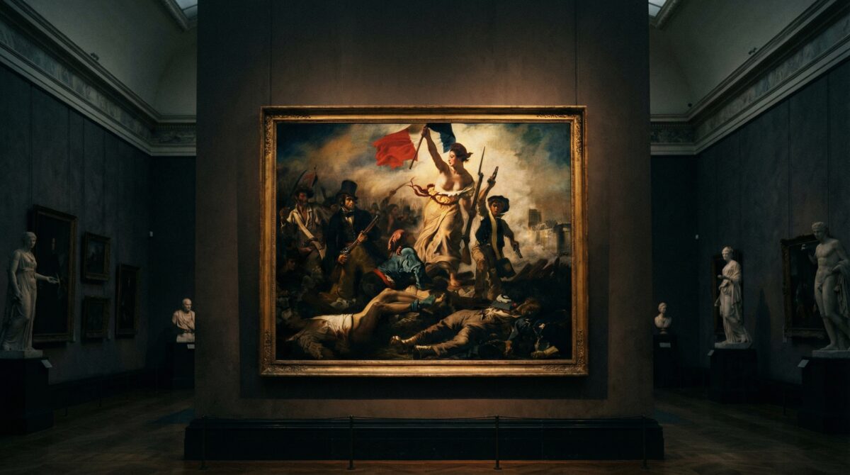 Liberty Leading the People painting by Eugène Delacroix showing the 1830 revolution.