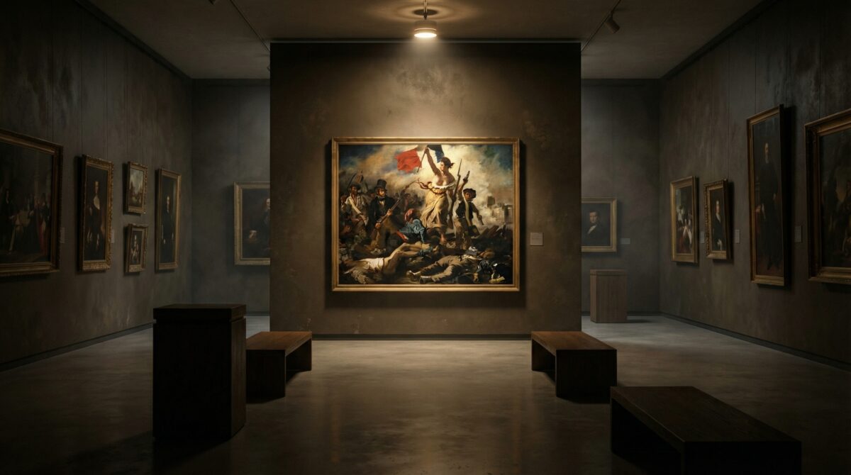 Liberty Leading the People painting by Delacroix showing a woman leading a crowd