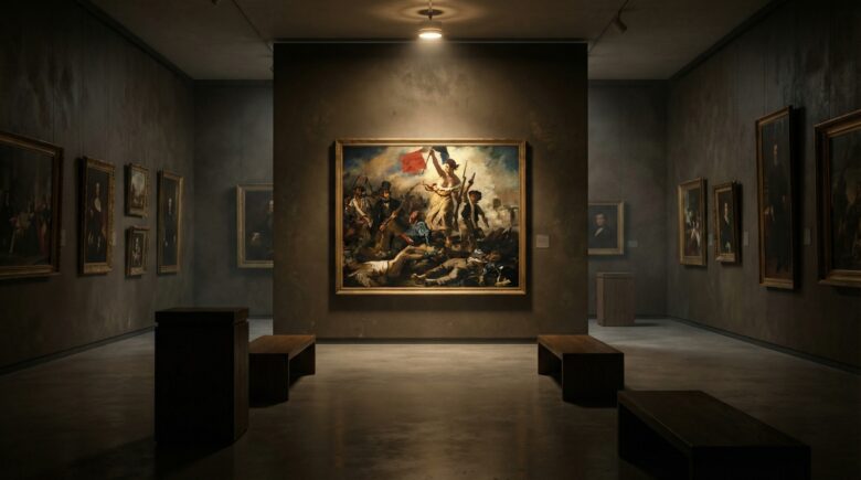 Liberty Leading the People painting by Delacroix showing a woman leading a crowd