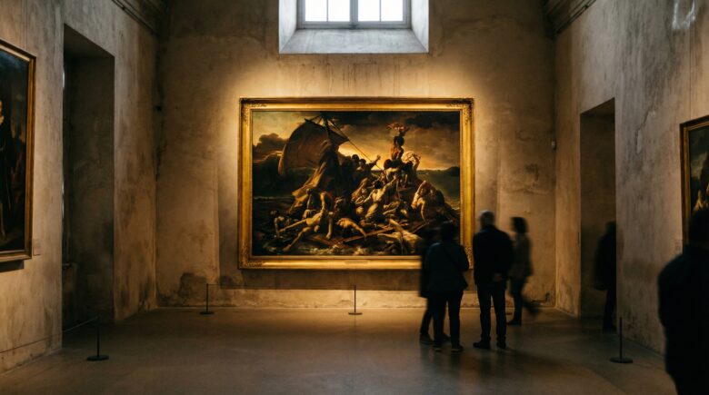 The Raft of Medusa Louvre painting showing survivors on a stormy sea.