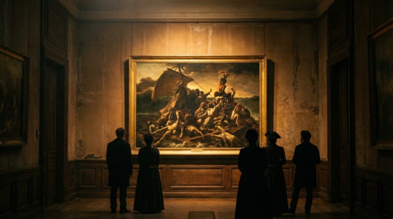 Survivors on a makeshift raft signal a ship on a dark stormy ocean