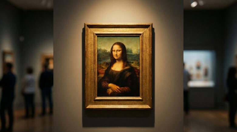 Tourists asking why is the Mona Lisa so popular while crowded around the painting.