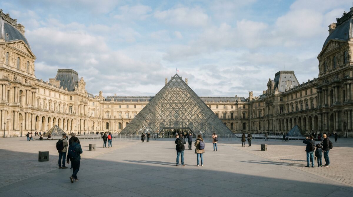 The main Louvre Pyramid entrance located in the Cour Napoléon.